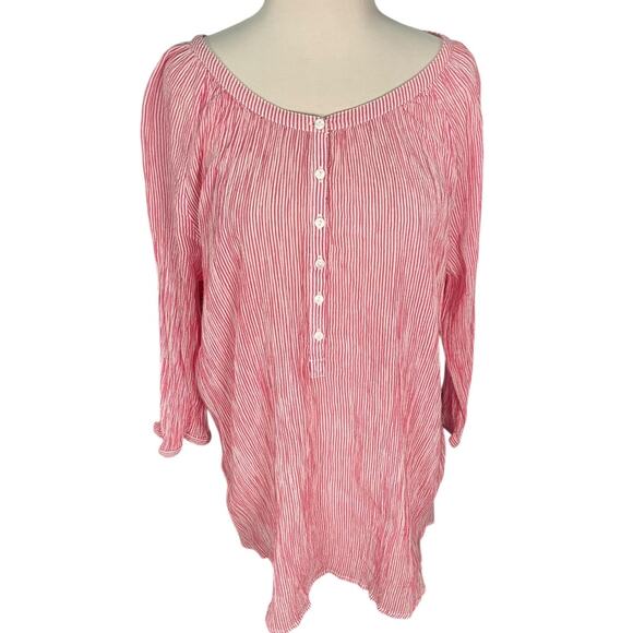 Lane Bryant 22/24 Pink White Stripe High Low 100% Cotton Button Blouse Tunic - Picture 3 of 11